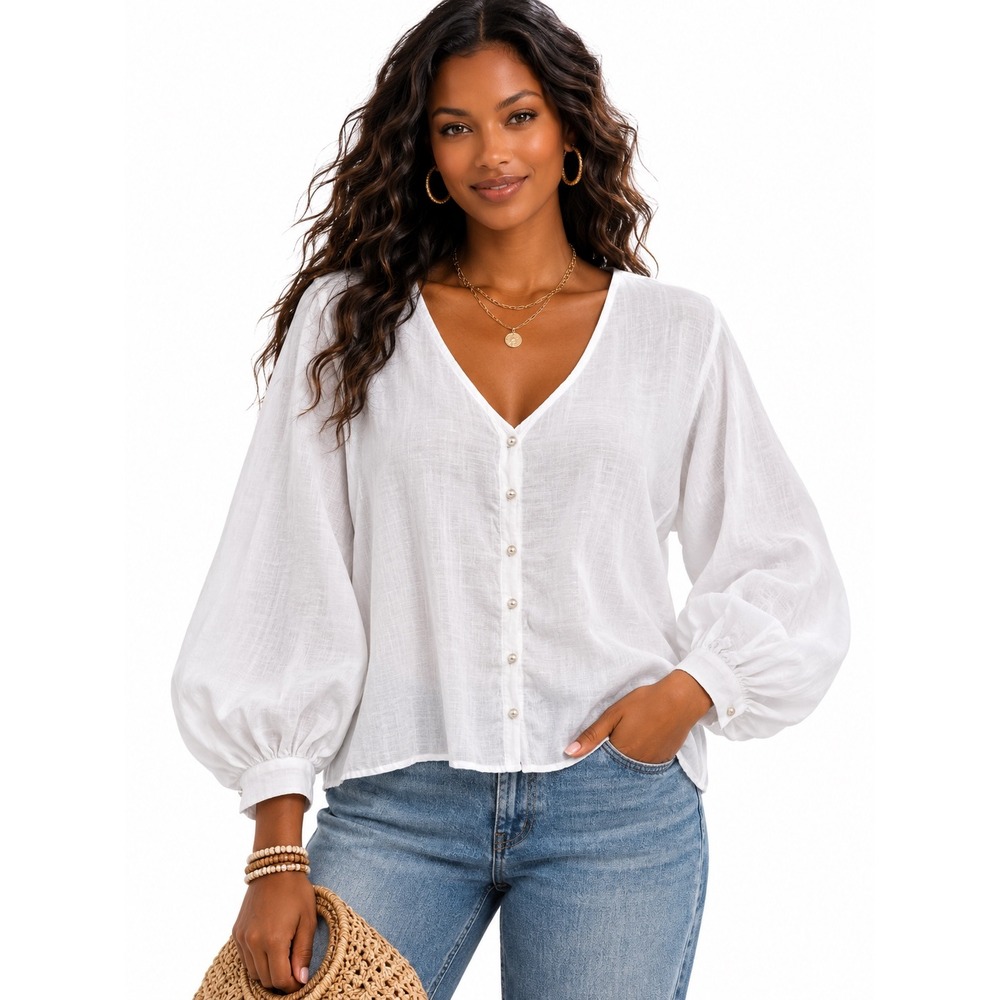 Cynthia Rowley White 100% Linen V-Neck Balloon Sleeve Button Front Blouse XL